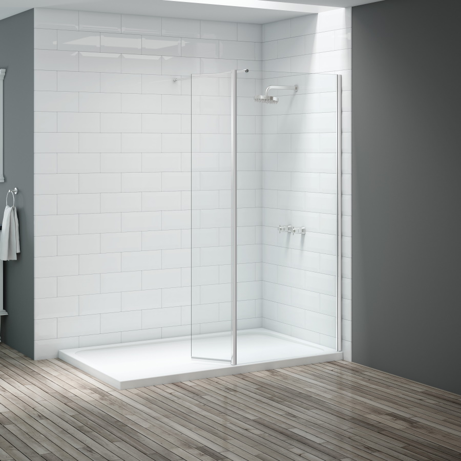 Pure white walk in shower with a swivelling panel