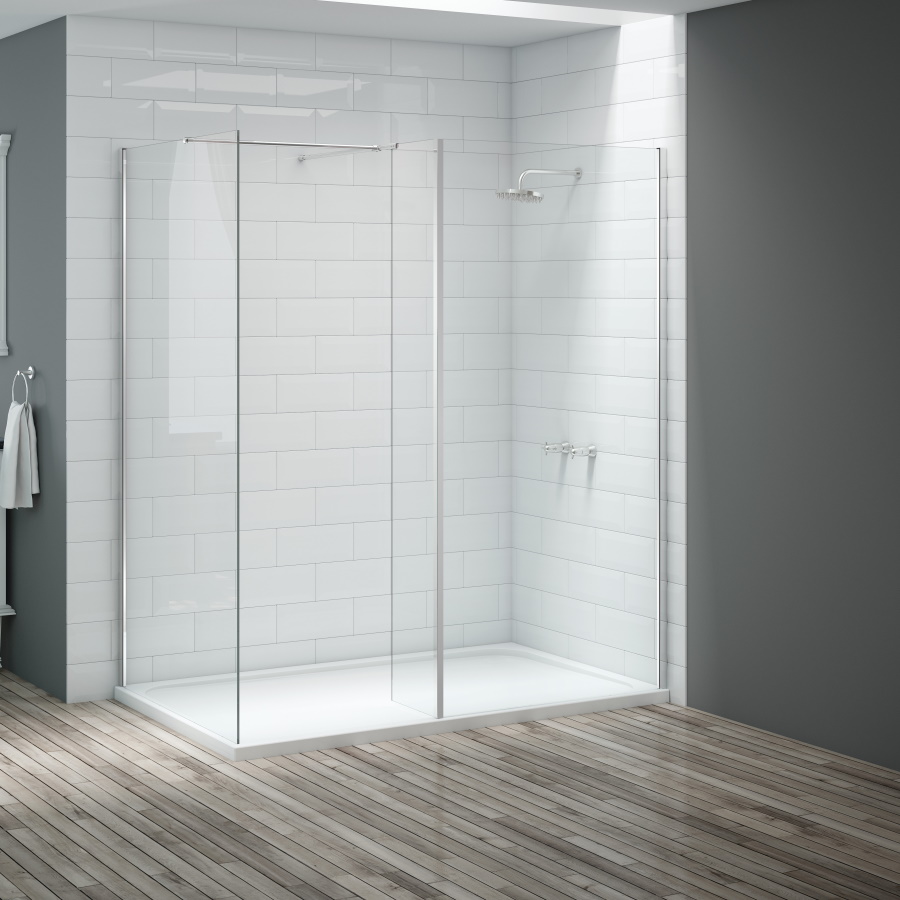 A walk in shower with cube panelling