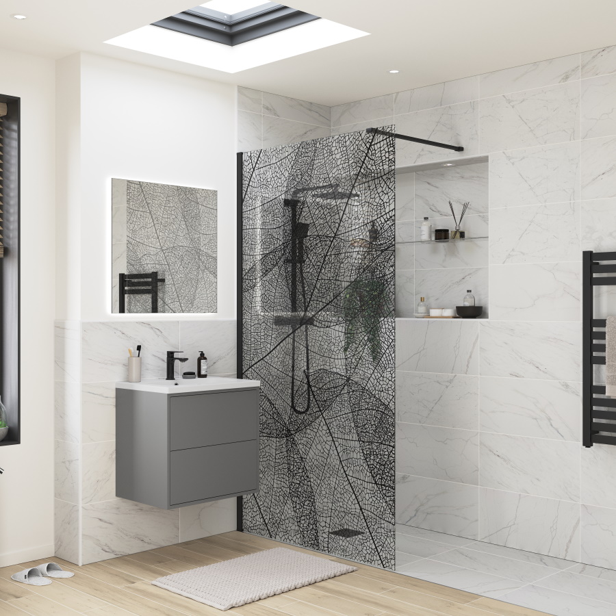 Reflexion Iconix Wetroom Panel Black Leaves