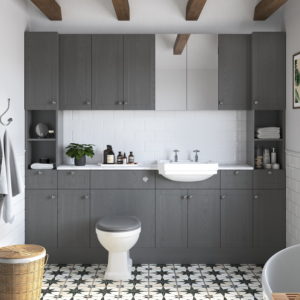 Benita Grey Ash bathroom set up with wooden accents