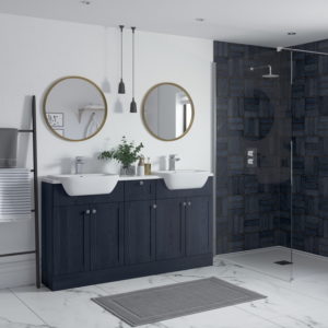 Benita Indigo Ash Bathroom set up with twin sinks and mirrors