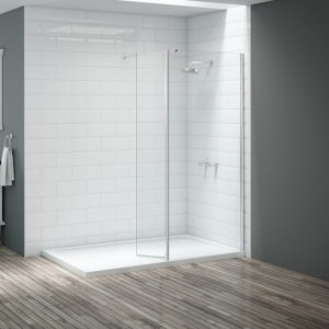 Pure white walk in shower with a swivelling panel