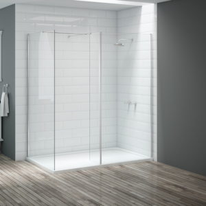 A walk in shower with cube panelling