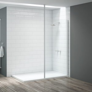 Pure white walk in shower fitted with a vertical screen