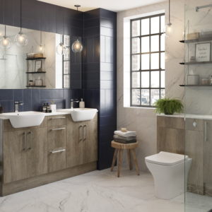 Alba in Nebraska Oak with dark grey tile and marble floors