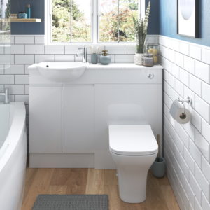 A White gloss designed bathroom with wooden flooring