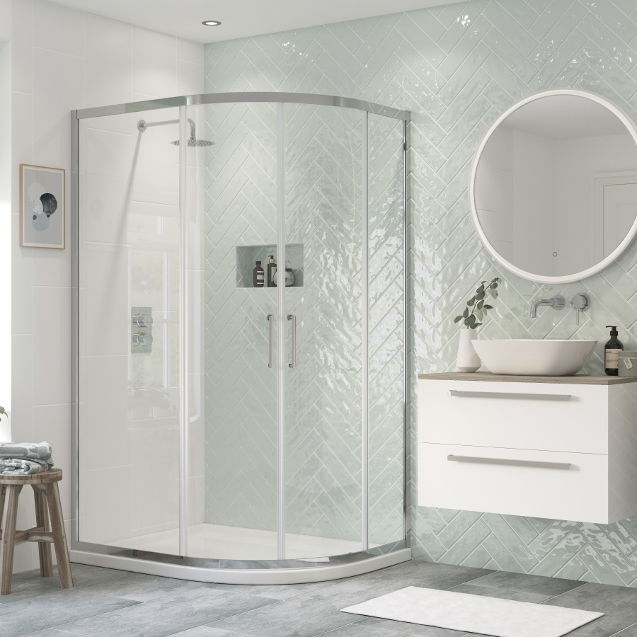 Fusion Studio Curved shower enclosure with angled tile