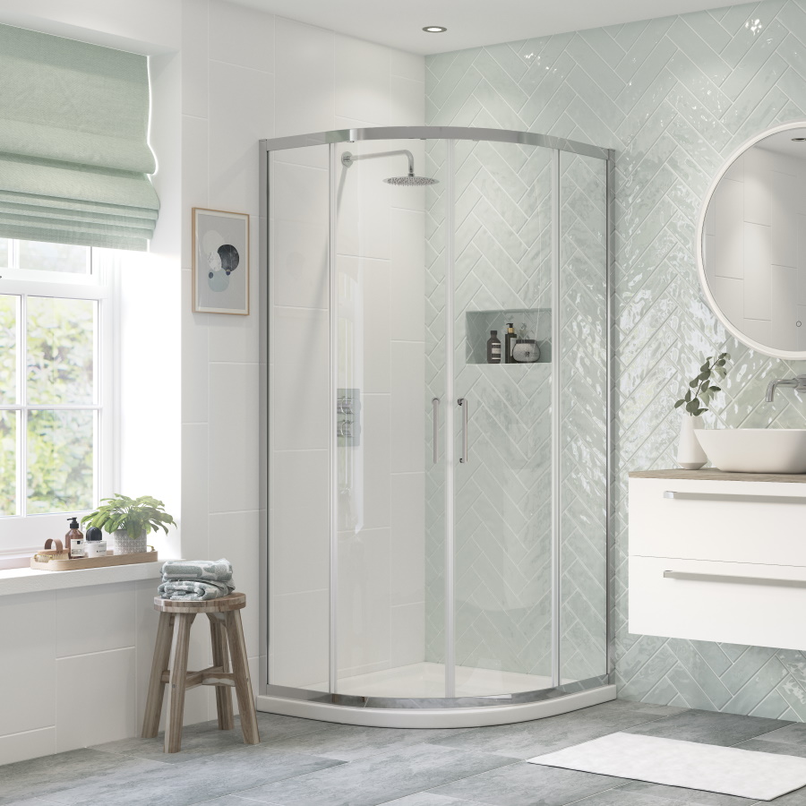 Fusion Studio Curved shower enclosure with angled tile