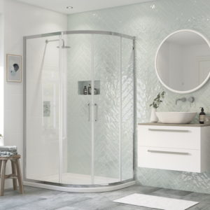 Fusion Studio Curved shower enclosure with angled tile