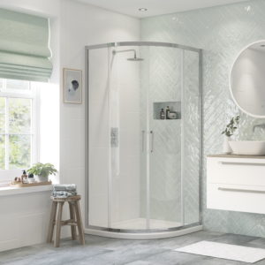Fusion Studio Curved shower enclosure with angled tile